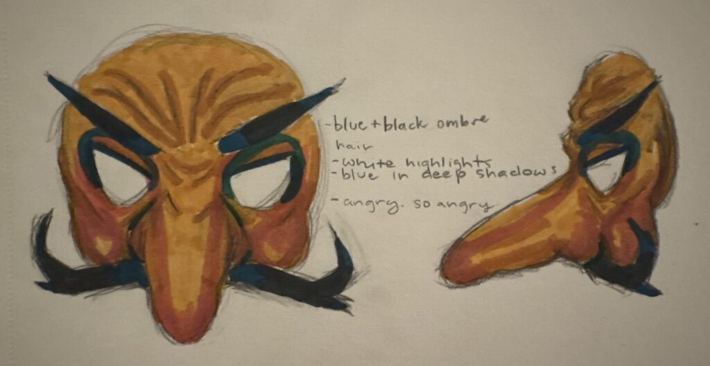 2 drawings of a half mask. One is a front view and the other is a side view. There is a list in the middle that reads " -blue + black ombre hair -white highlights -blue in deep shadows -angry. so angry"